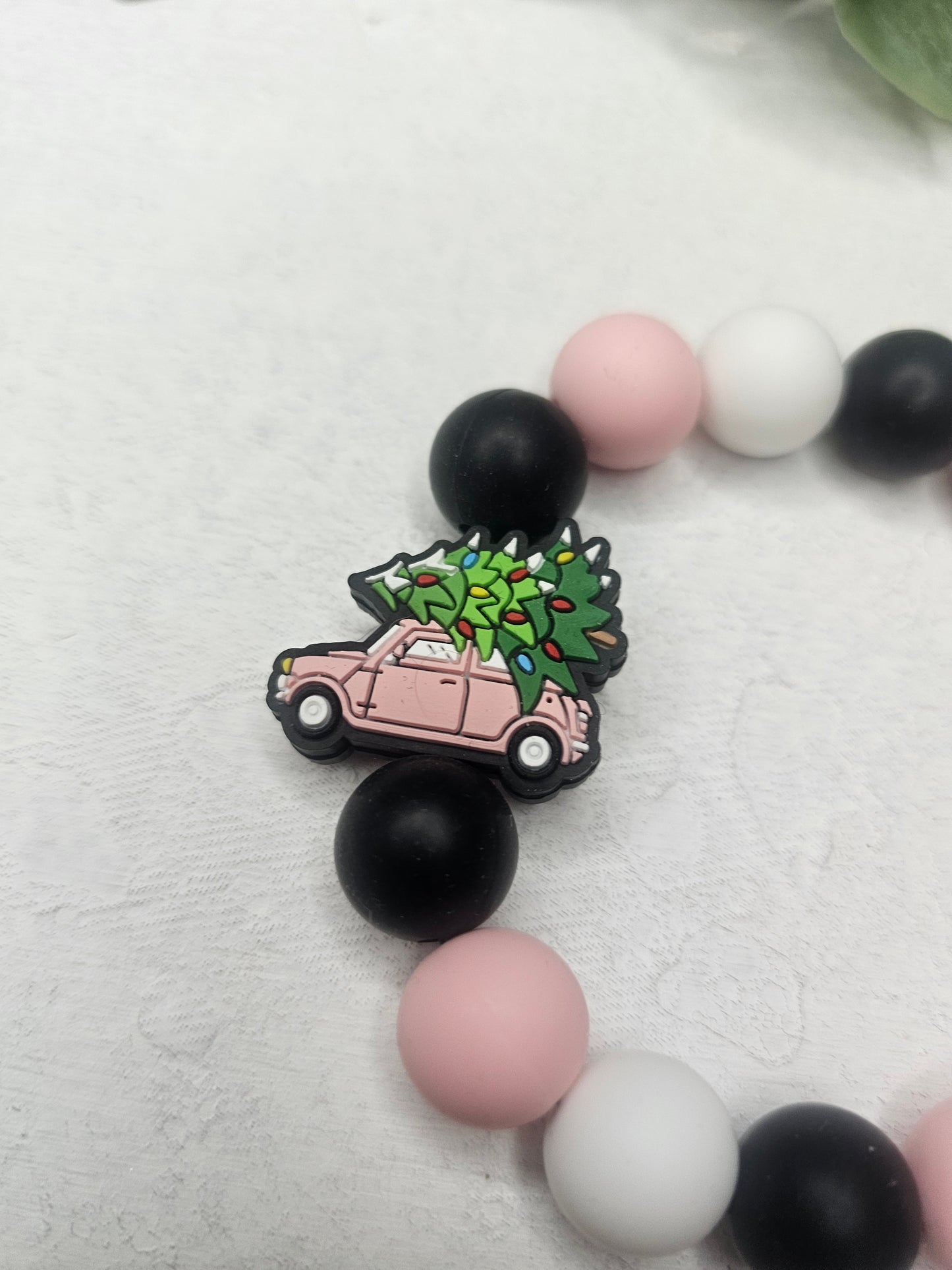 Christmas Pink Truck Tree Beaded Bracelet Keychain