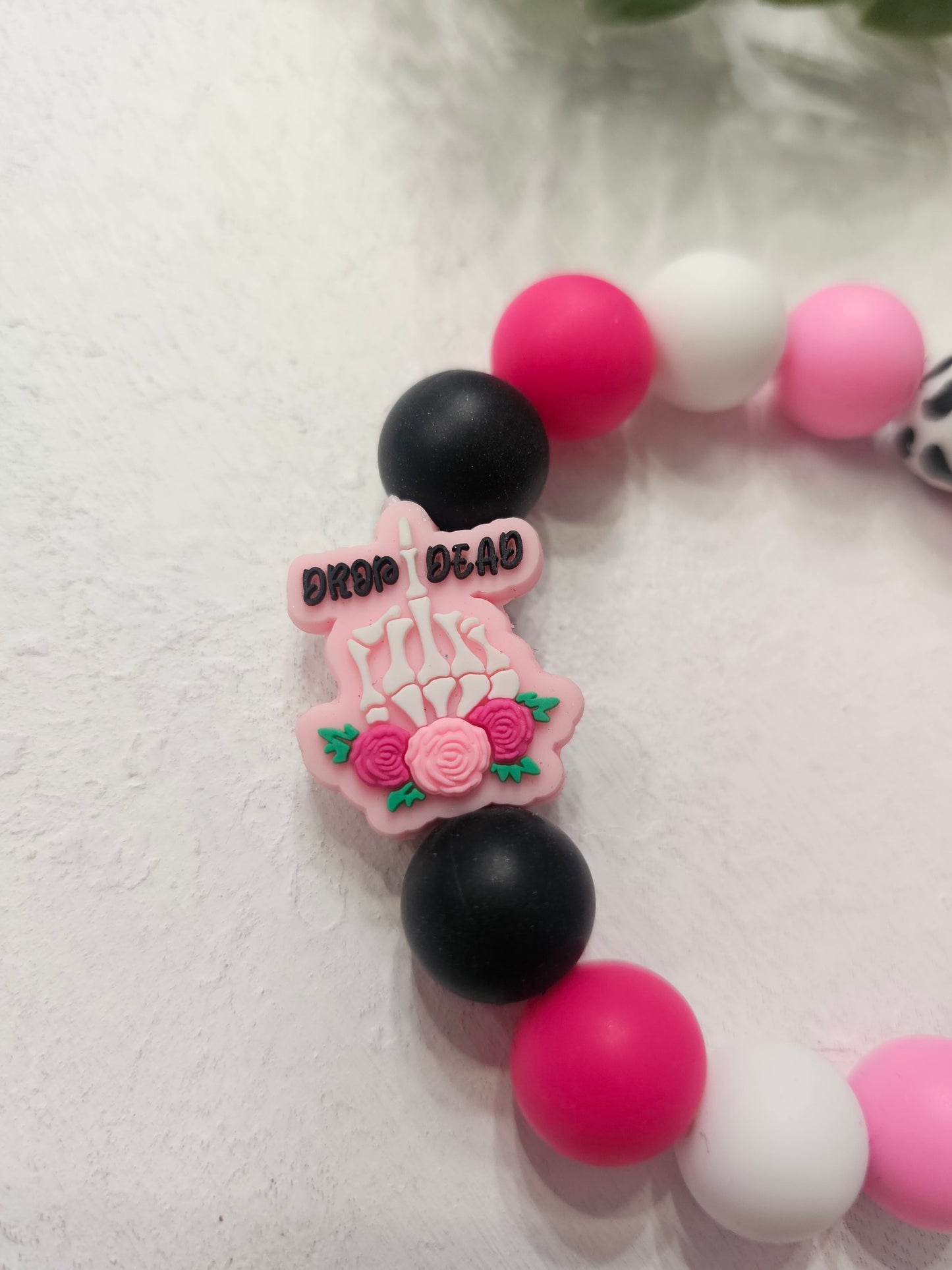Pink Drop Dead Beaded Bracelet Keychain