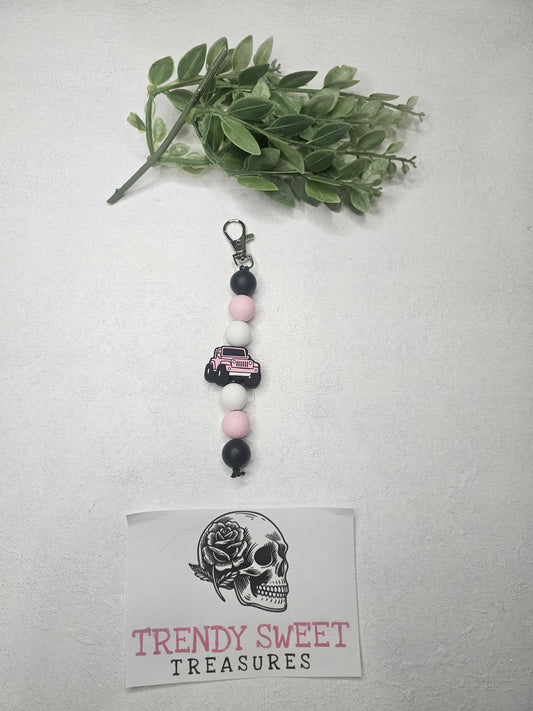 Pink Jeep Dangle Bead Keychain