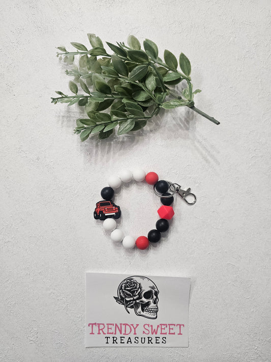 Red Jeep Beaded Bracelet Keychain