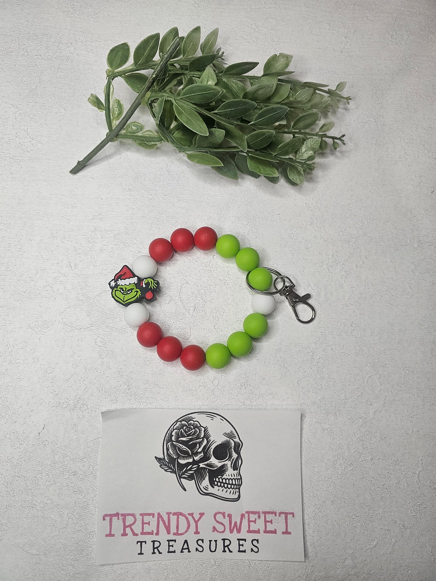 Grinch Ornament Beaded Bracelet Keychain