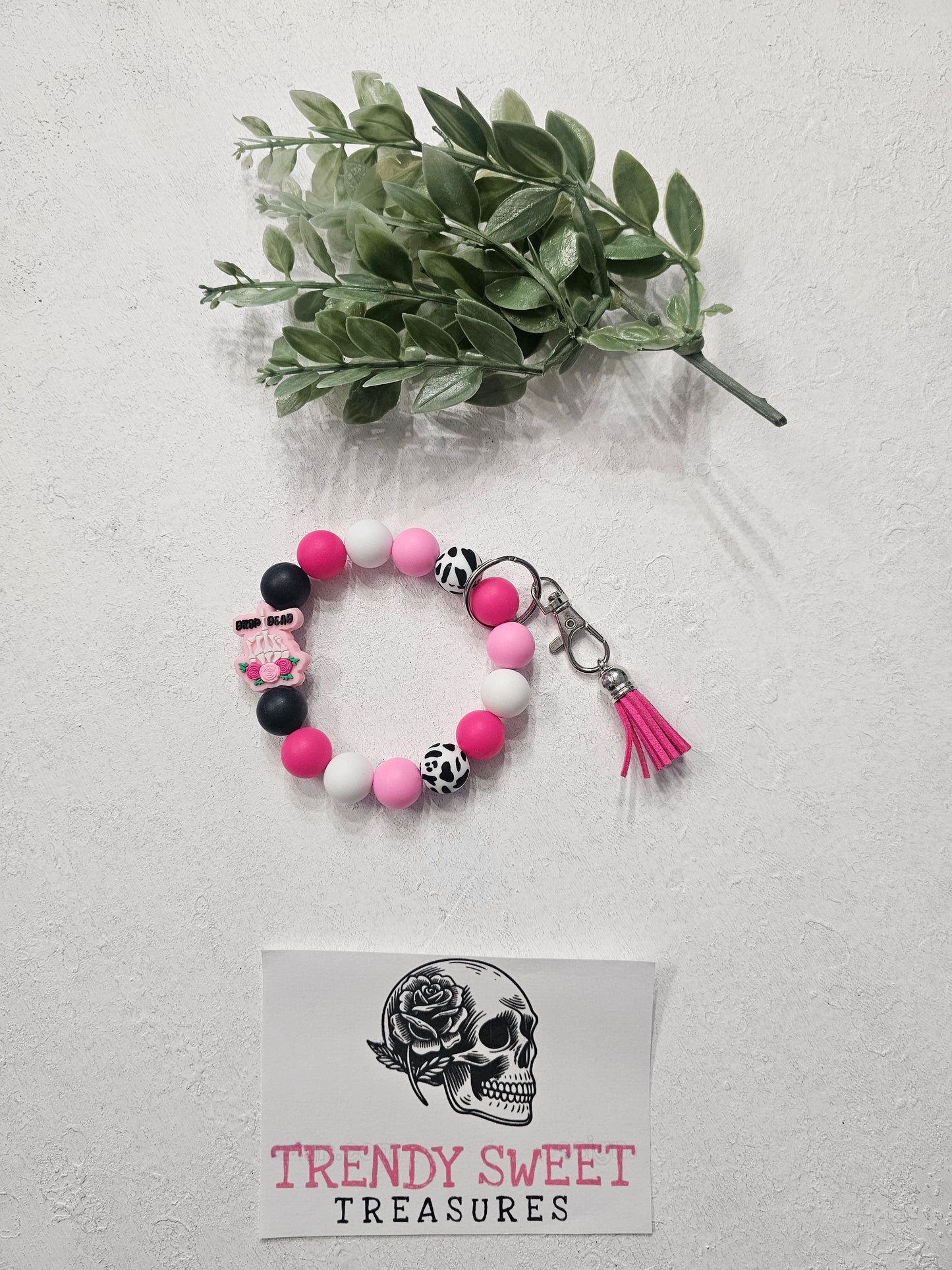 Pink Drop Dead Beaded Bracelet Keychain