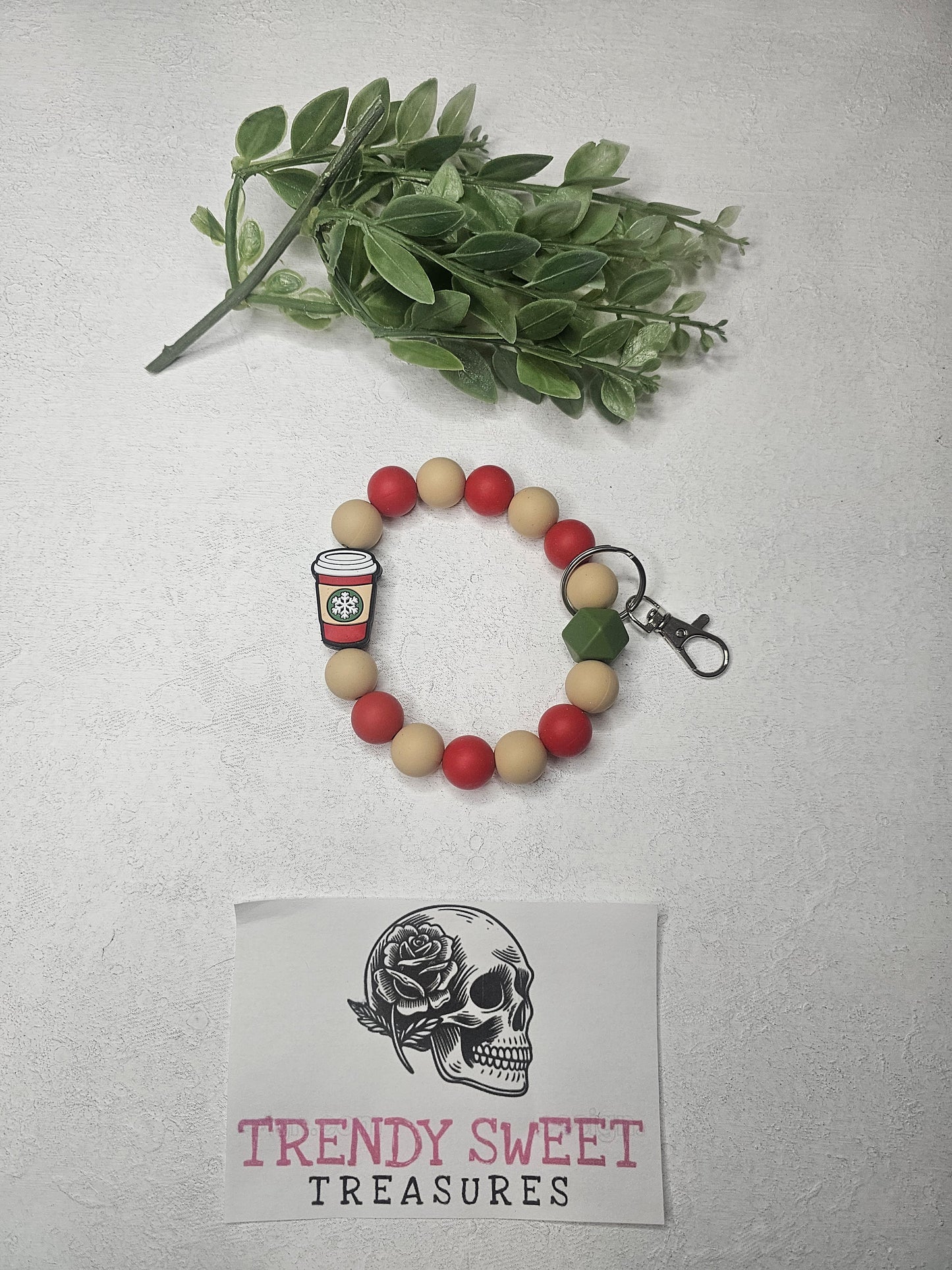 Christmas Coffee Beige Beaded Bracelet Keychain