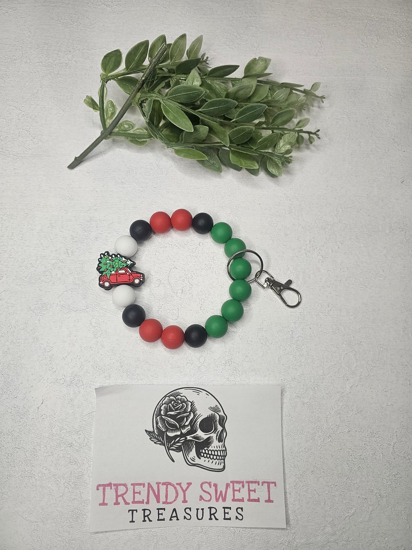 Christmas Truck Tree Beaded Bracelet Keychain