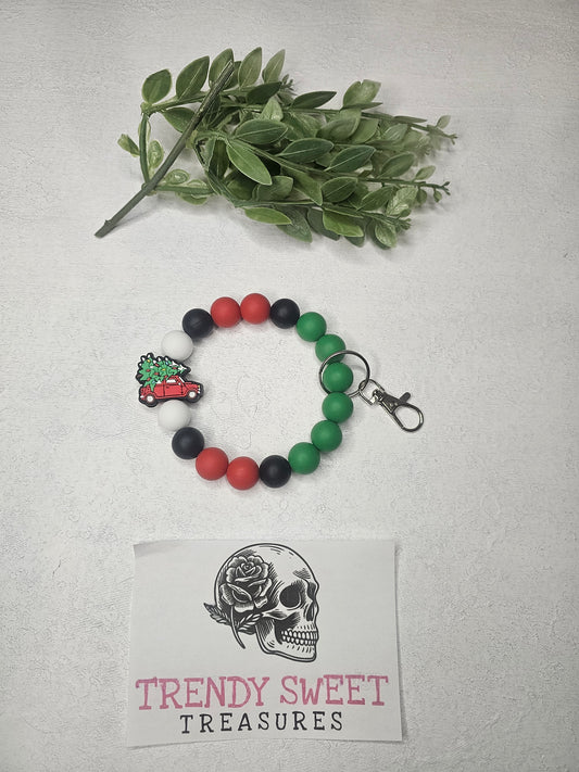 Christmas Truck Tree Beaded Bracelet Keychain