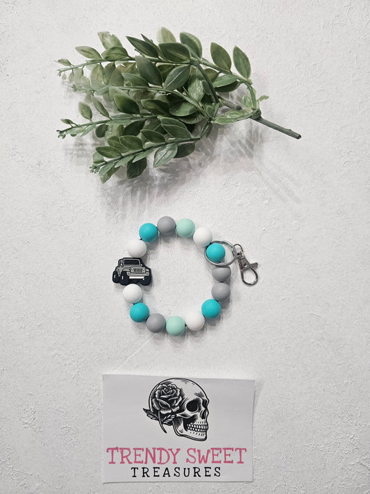 Gray Jeep Beaded Bracelet Keychain