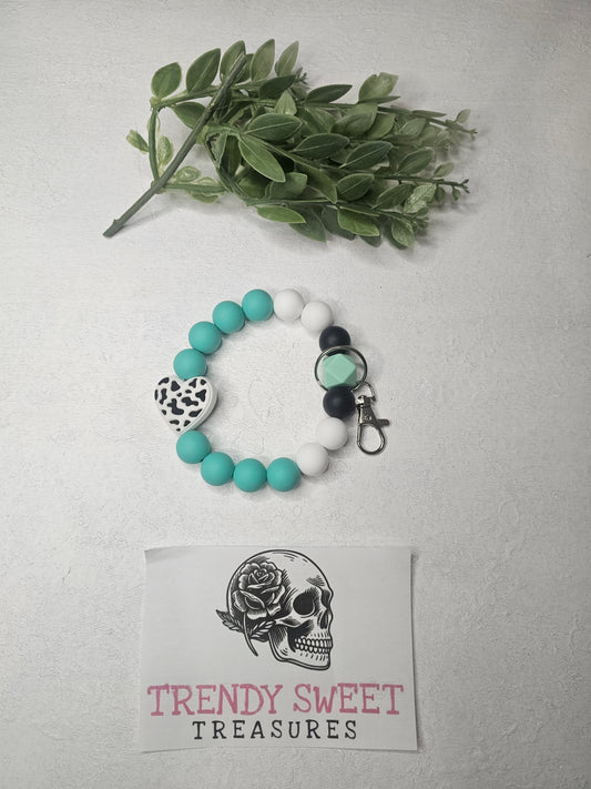 Cow Print Heart Beaded Bracelet Keychain