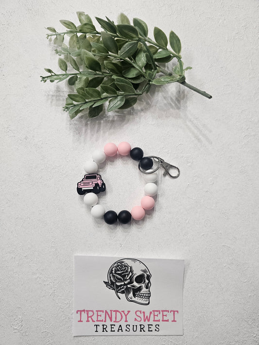 Pink Jeep Beaded Bracelet Keychain