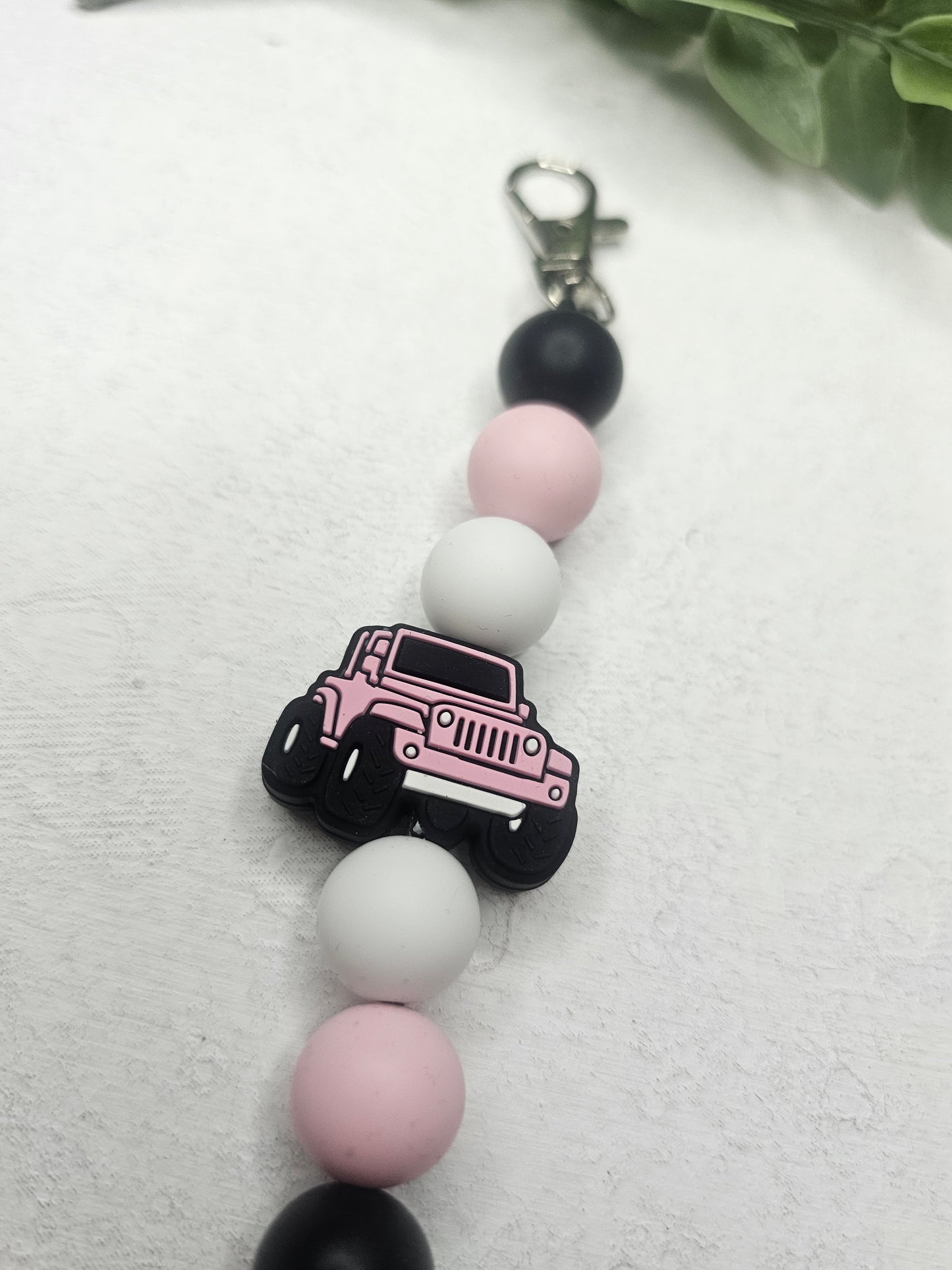 Pink Jeep Dangle Bead Keychain