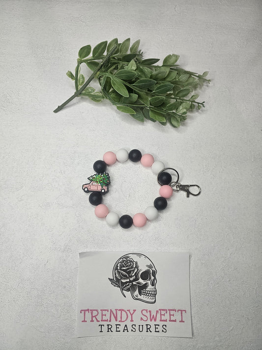 Christmas Pink Truck Tree Beaded Bracelet Keychain