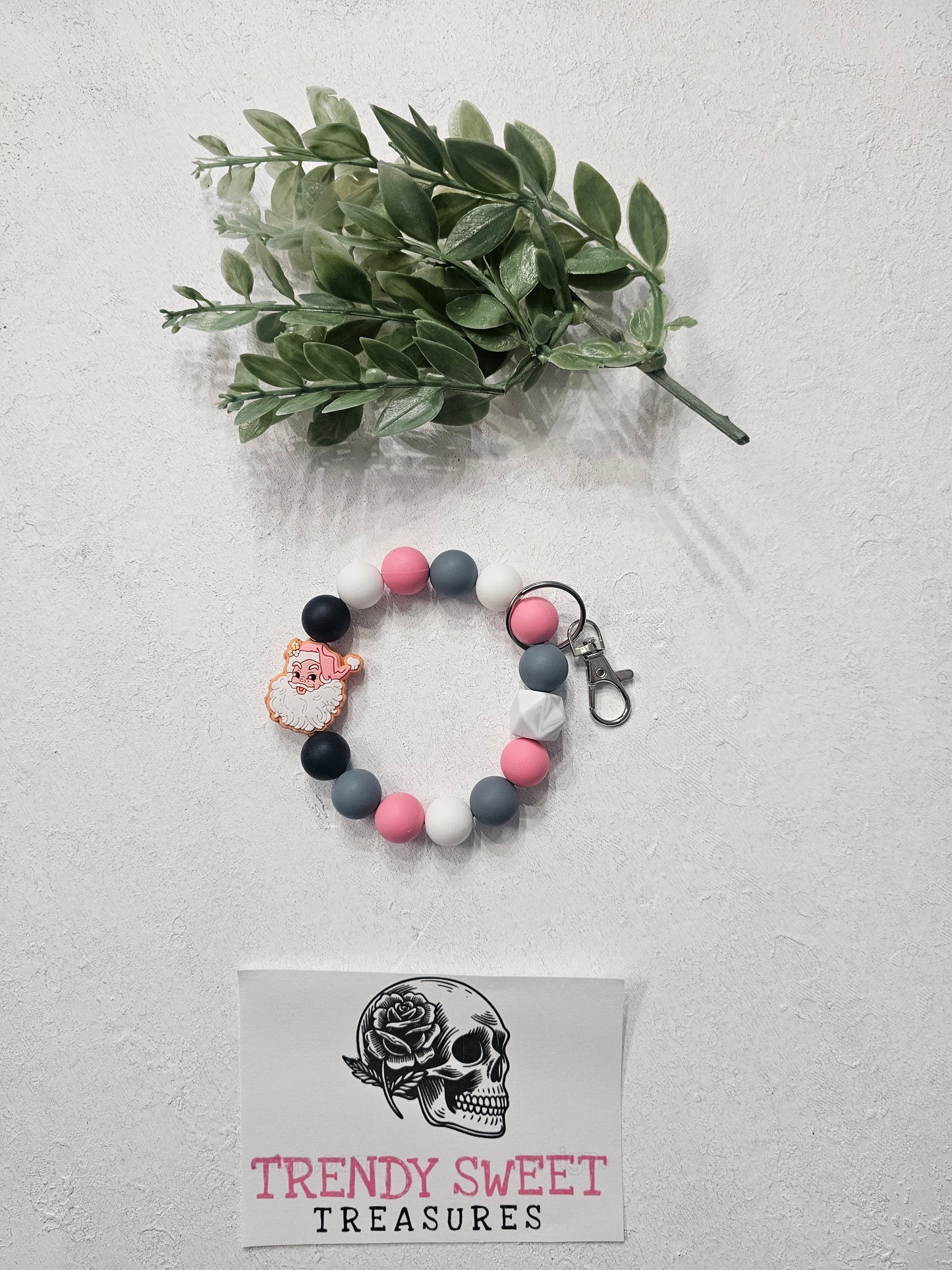 Pink Santa Beaded Bracelet Keychain
