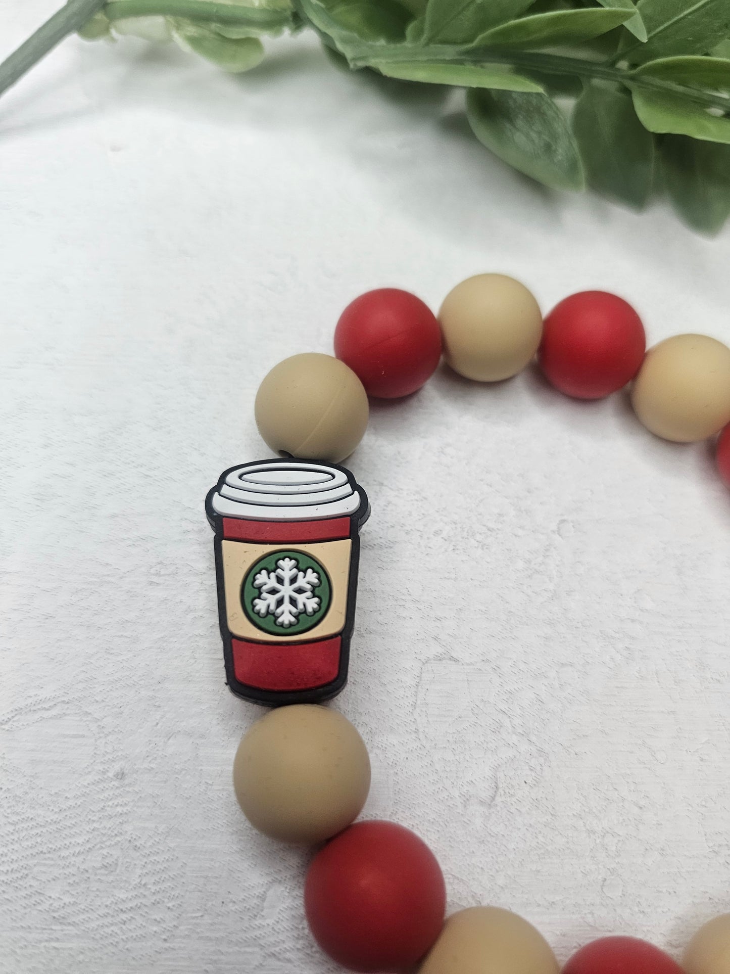 Christmas Coffee Beige Beaded Bracelet Keychain